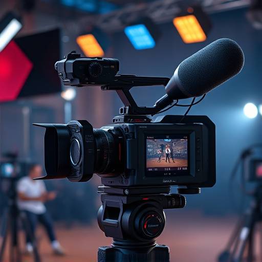 Caméra professionnelle, lumières et micro sur un plateau de tournage