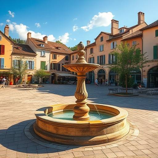 Image haute résolution d'une place à Gordes avec une fontaine