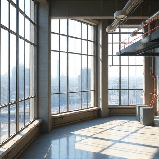 Image miniature d'un loft industriel avec de grandes fenêtres et une vue urbaine