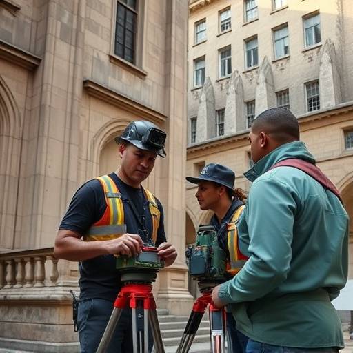 Équipe en repérage avec des appareils de mesure devant un bâtiment historique